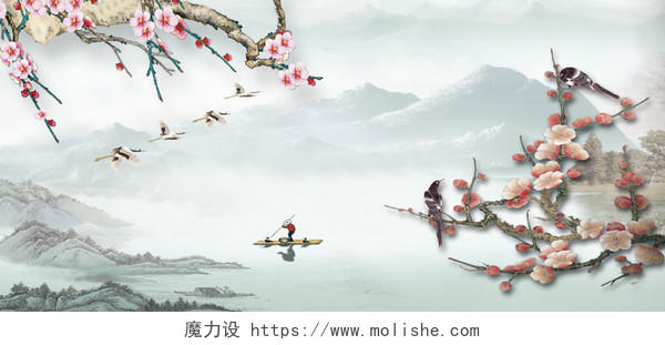 梅花喜鹊中国风山水背景